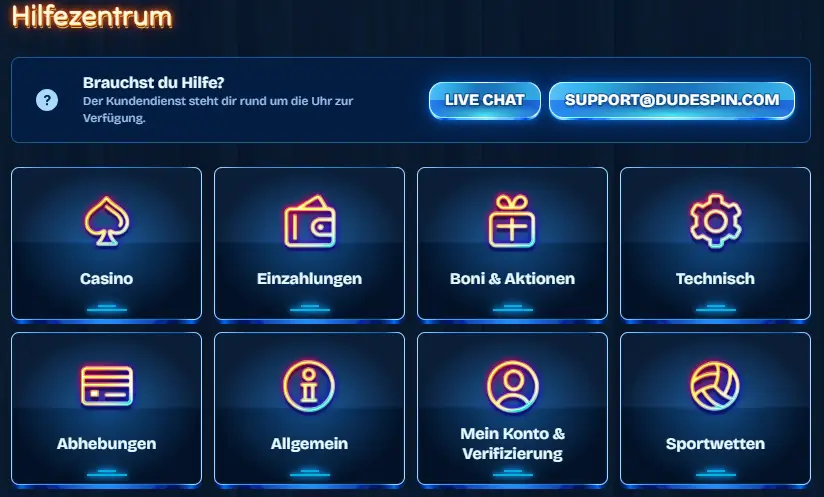 Hilfezentrum inklusive Moeglichkeit zur Kontaktaufnahme mit dem DudeSpin Kundendienst
