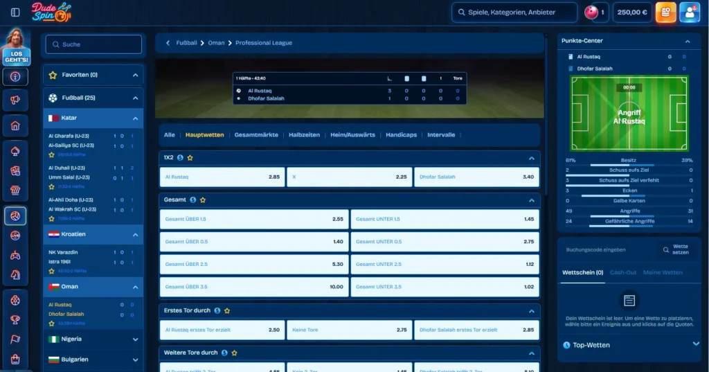 Auszug aus dem Angebot fuer Livewetten bei DudeSpin