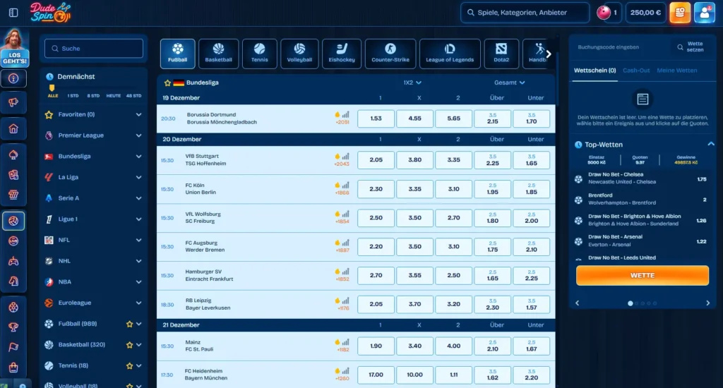 Einblick in die Auswahl an Sportarten fuer Sportwetten beim Wettanbieter DudeSpin
