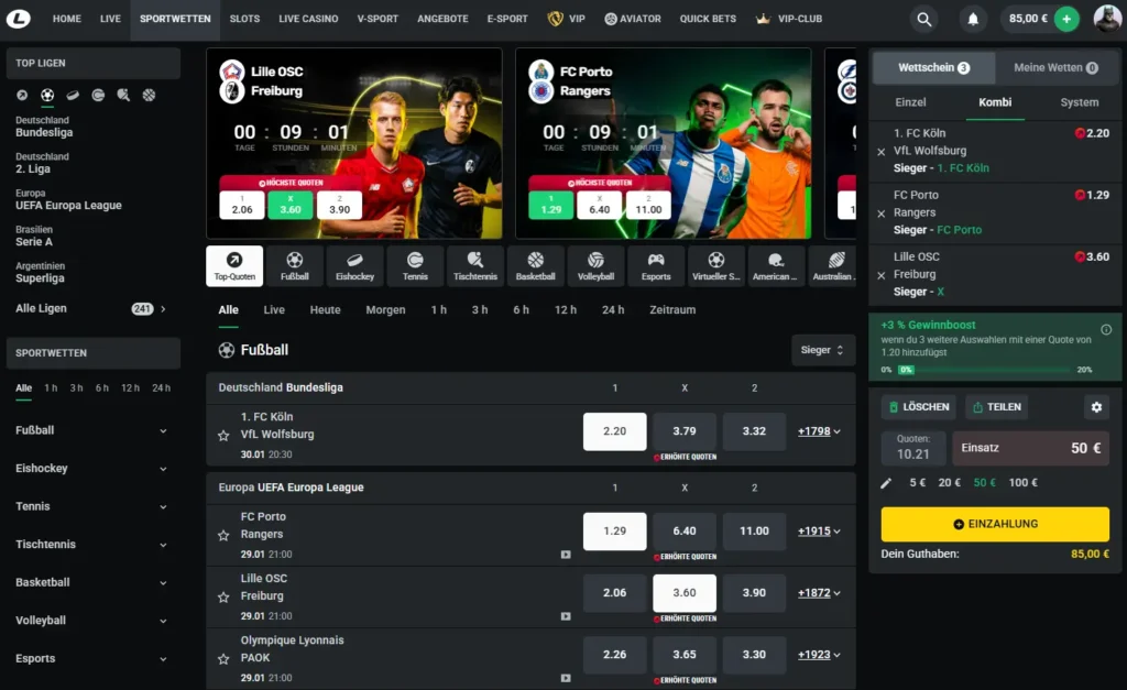 Ehoehten Quoten auf ausgewaehlte Fussballspiele beim Online Wettanbieter Leonbet