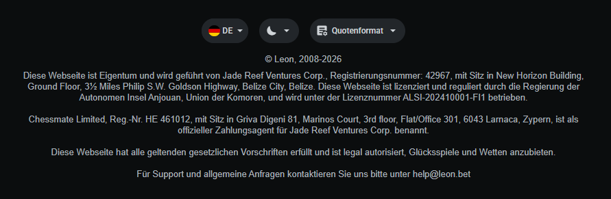 Footer der Wettseite Leonbet mit Angaben zur Lizenz und zum Betreiber