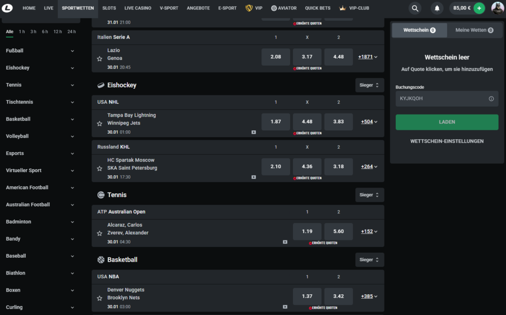 Auszug aus den verfuegbaren Sportarten bei Leonbet fuer Online-Sportwetten