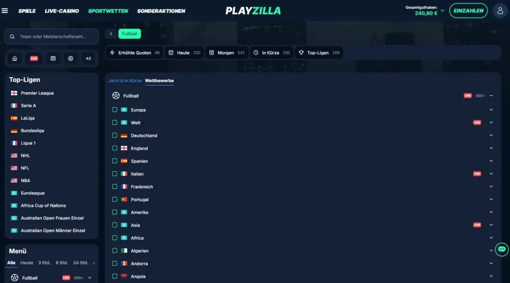Einblick in das Angebot von PlayZilla fuer Fussball Wetten