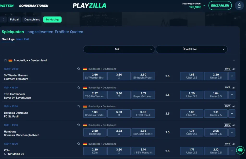 Bundesliga-Quoten vom Wettanbieter PlayZilla