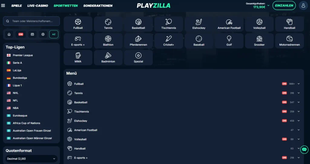 Einblick in das Wettprogramm vom Online Wettanbieter PlayZilla