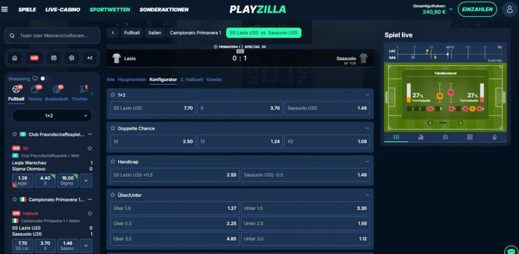 Livewetten mit Statistikcenter und Wettkonfigurator beim Online Wettanbieter PlayZilla