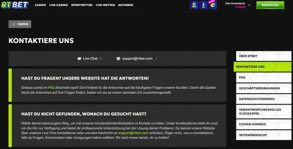 Kontaktoptionen mit dem Kundendienst von RTBet