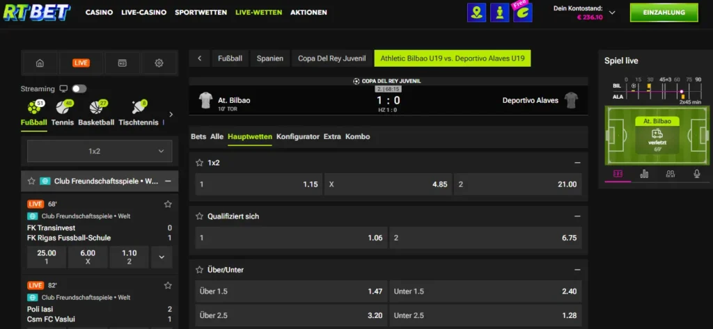 Live-Wetten mit Live-Center und Statistiken bei RTBet