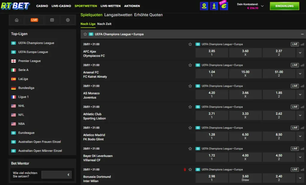 UEFA Champions League Quoten von RTBet