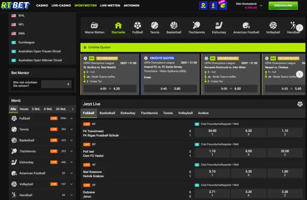 Einblick in das Wettprogramm von RTBet