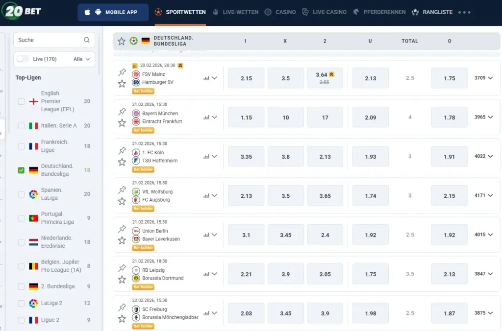 Fussball Bundesliga Quoten von 20Bet