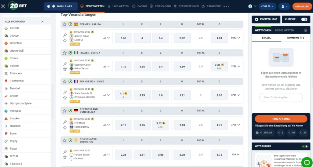 Einblick in die verfuegbaren Sportarten fuer Online Sportwetten bei 20Bet