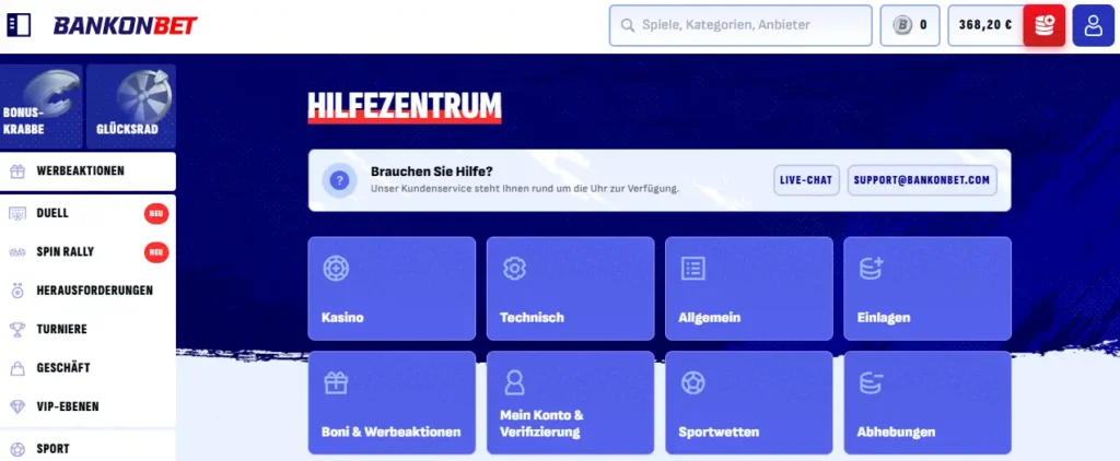 Hilfezentrum mit FAQ von Bankonbet