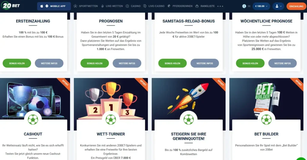 Bonusprogramm fuer Sportwetten von 20Bet