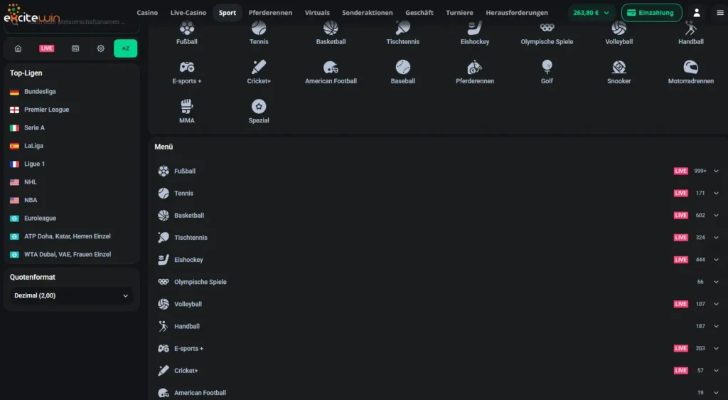 Einblick in die Auswahl an Sportarten und Ligen von ExciteWin fuer Online Sportwetten