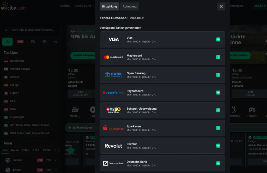 Einzahlungsmethoden fuer Online Sportwetten bei ExciteWin