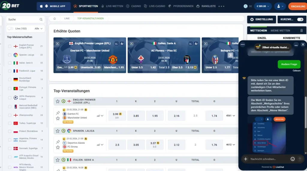 Live Chat vom Online Wettanbieter 20Bet