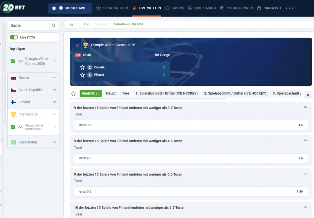 Livewetten bei 20Bet mit Statistiken