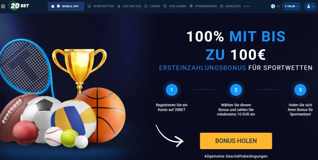 Willkommensbonus fuer Sportwetten von 20bet