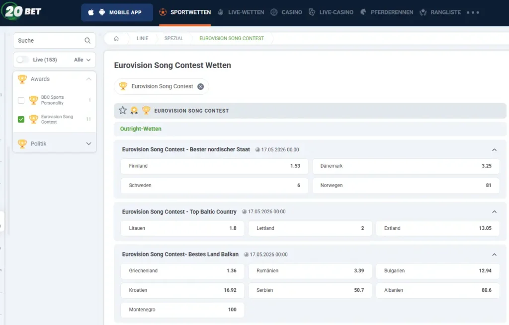 Quoten fuer Eurovision Song Contest Wetten von 20Bet