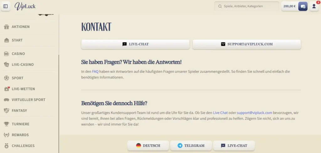 Kontaktoptionen des VipLuck Kundensupports