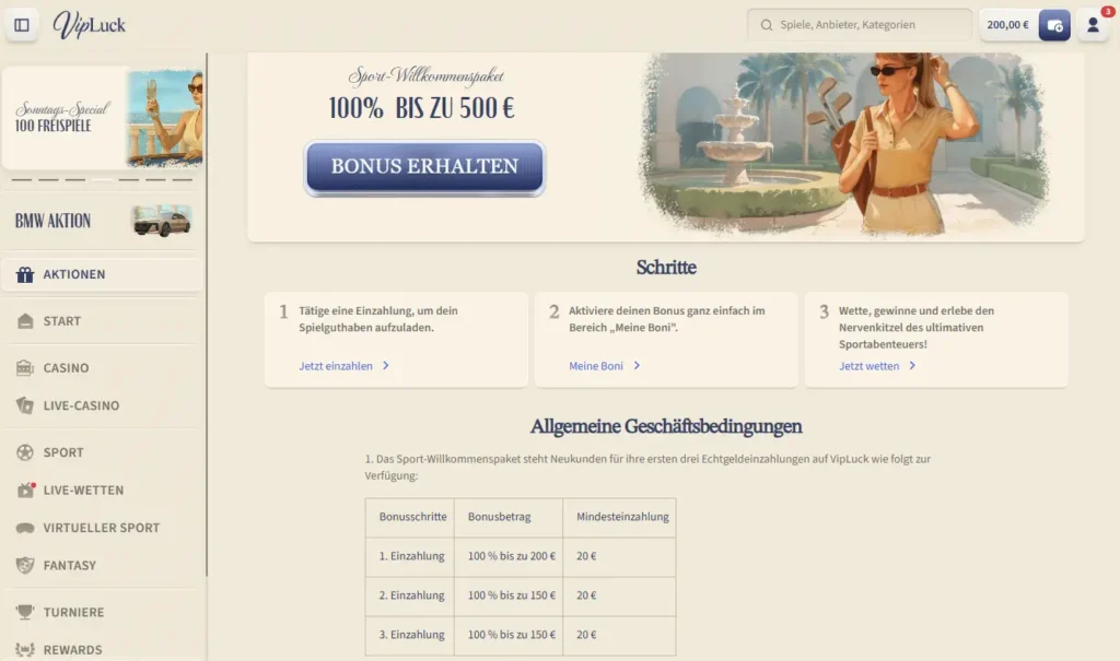 Willkommenspaket fuer Online Sporwetten bei VipLuck