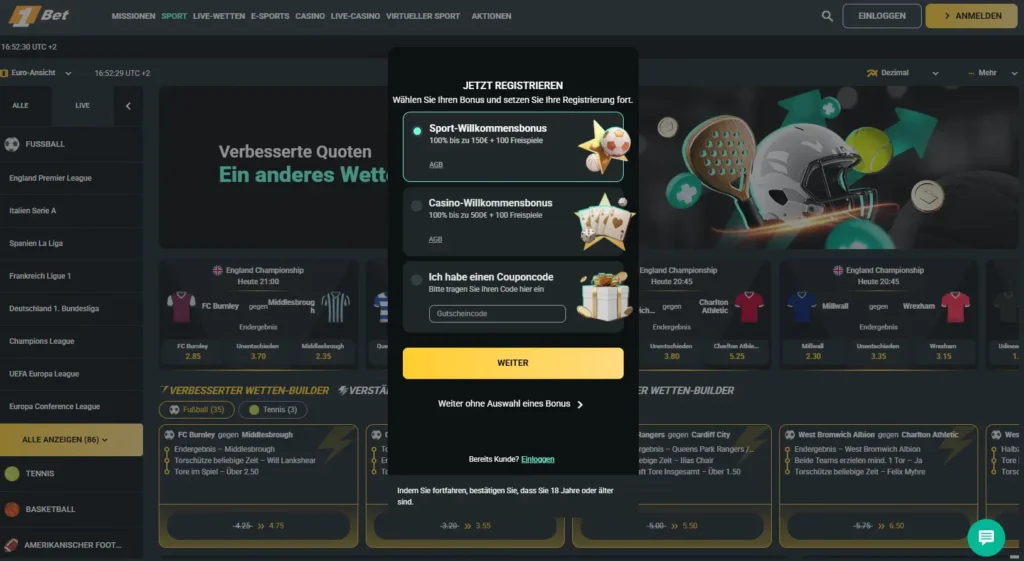 Registrierung bei 1Bet mit Sport Willkommensbonus