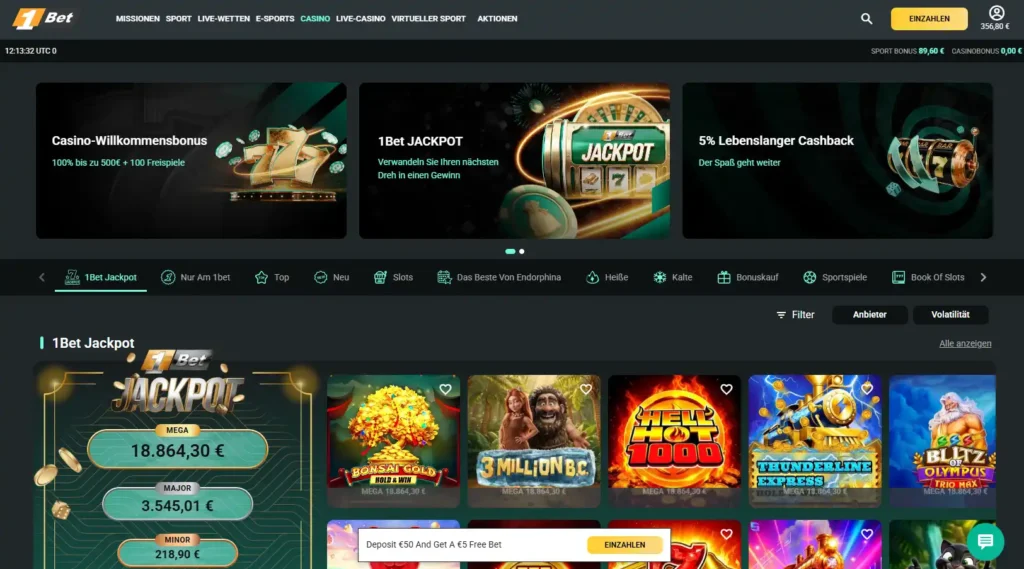 Einblick in den Casino Bereich von 1Bet