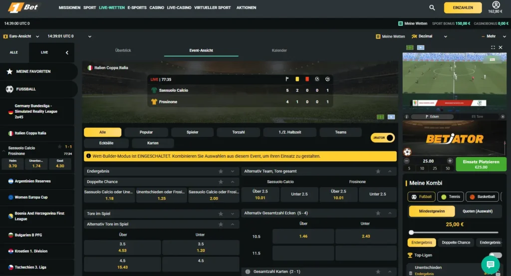 Livewetten mit Livestreams, Statistiken und Betiato bei 1Bet