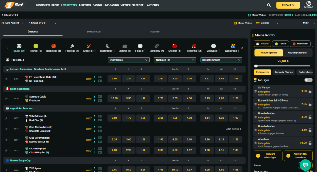 Einblick in das Angebot fuer 1Bet Livewetten