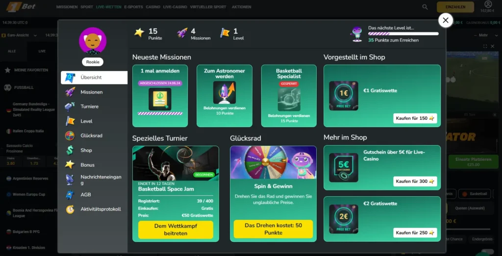 Treueprogramm von 1Bet mit Missionen, Turnieren und Herausforderungen