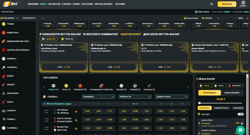 Taegliche Quotenboosts fuer Online Sportwetten bei 1Bet