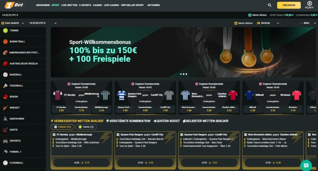 Auszug aus den verfuegbaren Sportarten bei 1Bet fuer Online Wetten