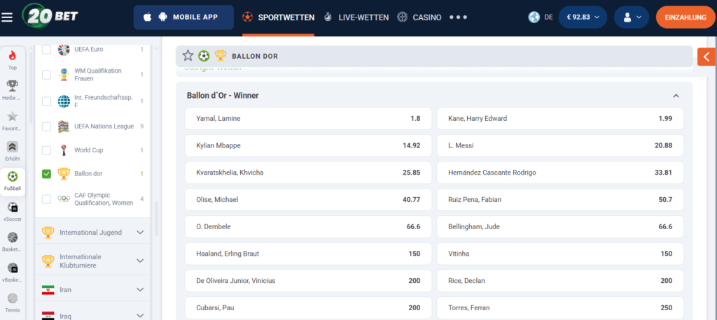Ballon d’Or Wettanbieter 20Bet